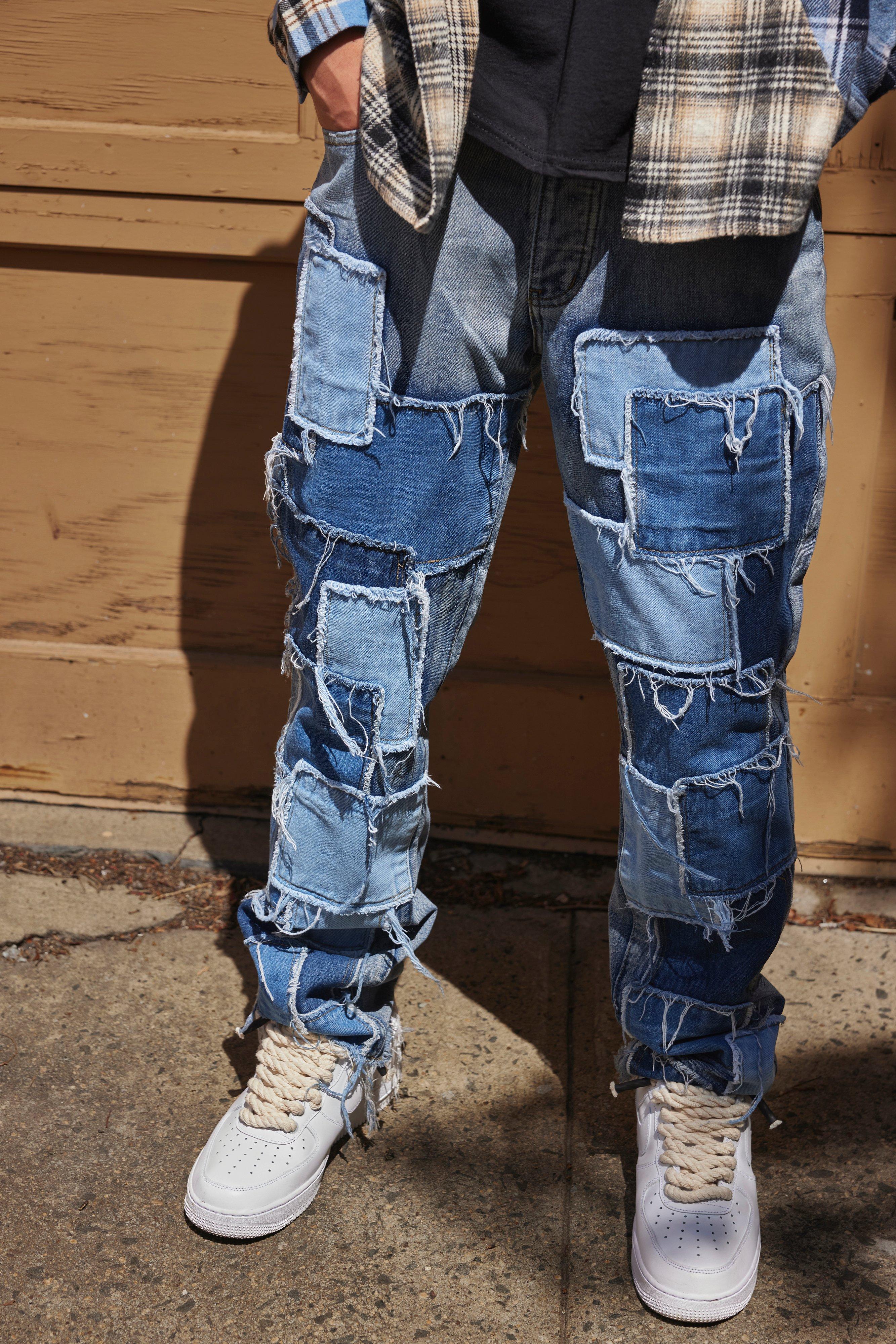 Straight Leg Denim Patchwork Jeans | boohooMAN UK